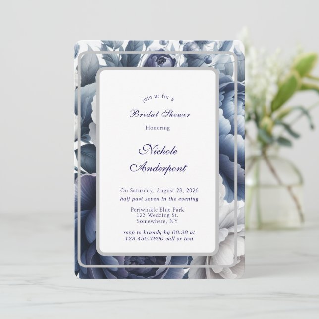 Möhippan Navy Blue Peonies & Vit ros Inbjudningar (Stående Fram)