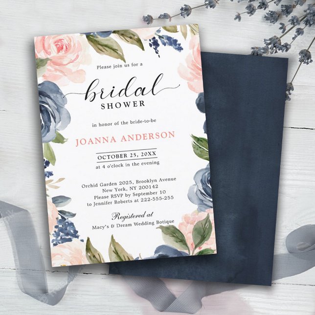 Möhippan Navy Blue  Rosa ros Boho Inbjudningar (Navy blue blush pink bridal shower invitation)