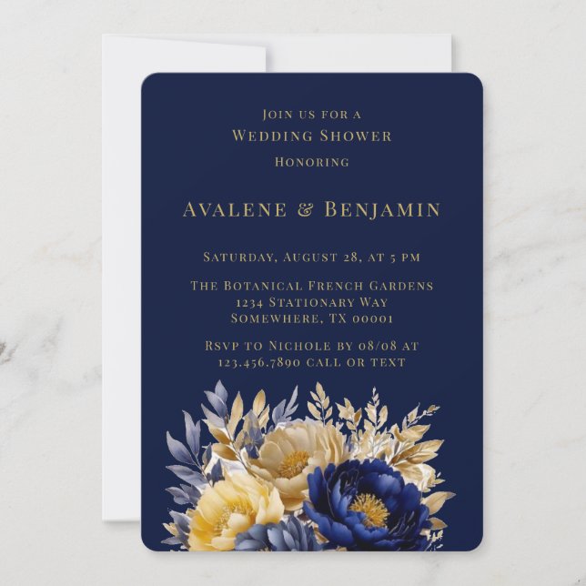 Möhippan Navy och Guld Watercolor Peony Inbjudningar (Framsida)