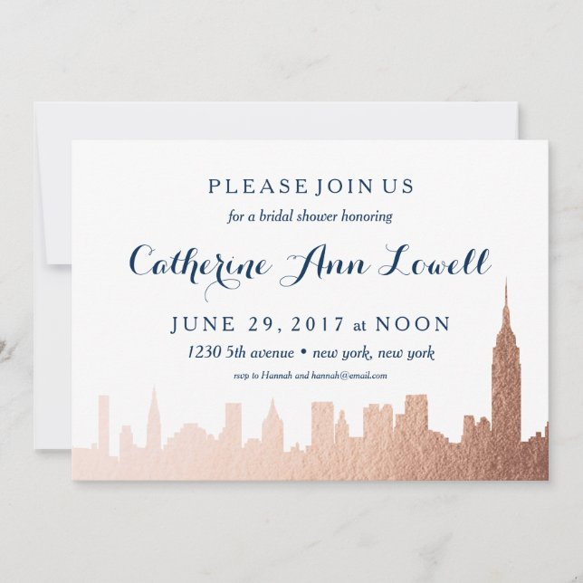 Möhippan New York Skyline Faux Ro Guld Inbjudningar (Framsida)