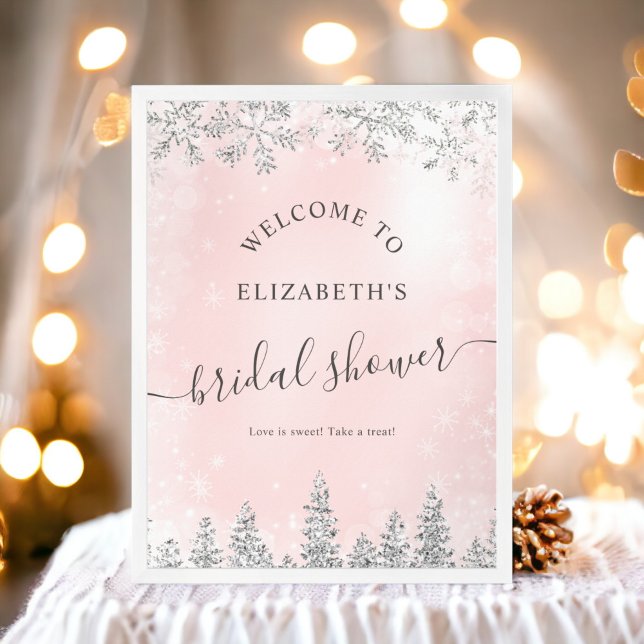möhippan om välkomnande av den  rosan vid snö gräs poster (Silver blush pink snow pine welcome bridal shower poster)