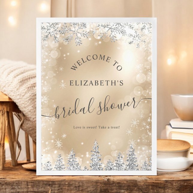 möhippan om välkomnande av silver vid chicen guld, poster (Silver chic gold snow pine welcome bridal shower poster)