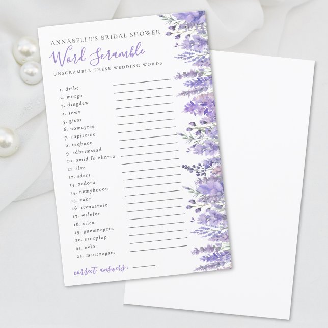 Möhippan ord Scramble Lavender Blommigt (Word Scramble Lavender Floral Bridal Shower)