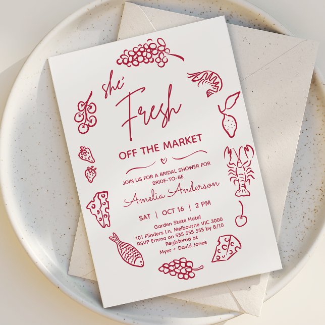 Möhippan på marknaden för grönrött jordbruk inbjudningar (Red Fresh off the Market Bridal Shower Invitation Whimsical Market Farmers Bridal Shower Invitation )