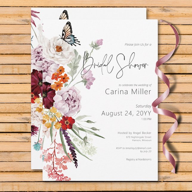 Möhippan Pastel & Burgundy Blooms, Blommigt Inbjudningar (Pastel & Burgundy Blooms Floral Bridal Shower Invitation)