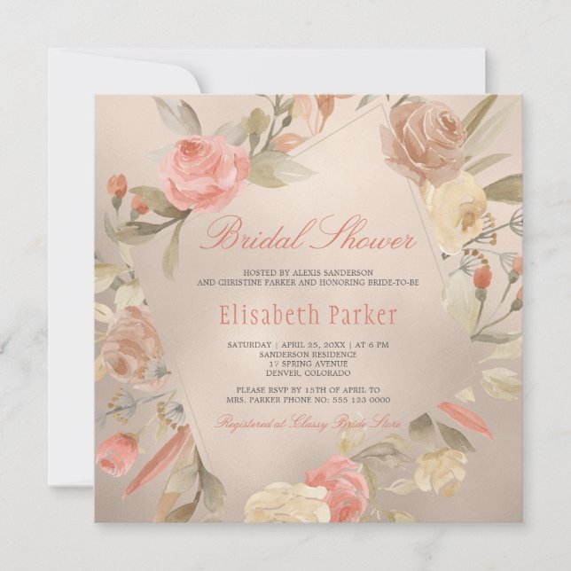 Möhippan Peach Luxury Faux Gold Foil Blommigt  Inbjudningar (Framsida)
