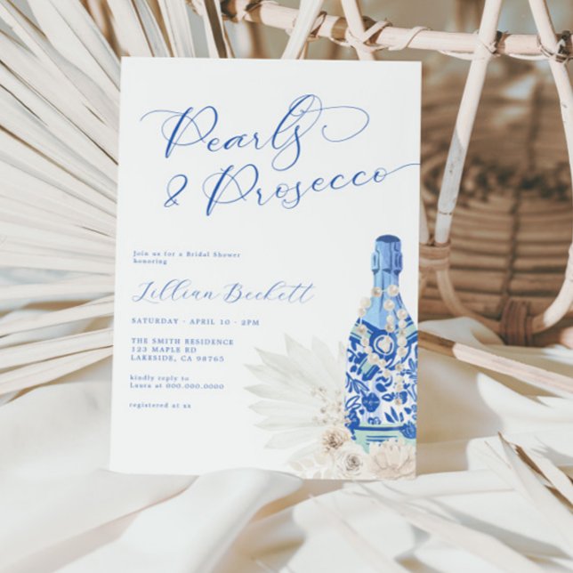 Möhippan Pearls och Prosecco Blue Script Inbjudningar (Skapare uppladdad)