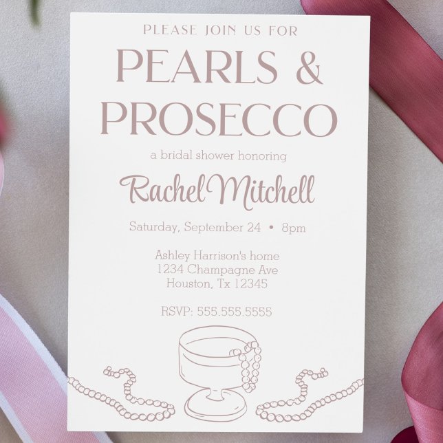Möhippan Pearlss & Prosecco Rosa/Lingerie Shower Inbjudningar (pearls and Prosecco hand drawn doodle bridal shower invitation pink cute modern lingerie shower )