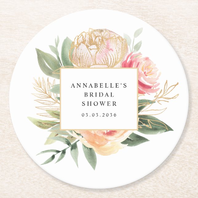 Möhippan Peony och Guld Flowers Underlägg Papper Rund (Framsidan)