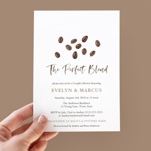 Möhippan Perfekt Blend Coffee Par Inbjudningar (The Perfect Blend His And Hers Bridal Shower invitation design with watercolor coffee beans)