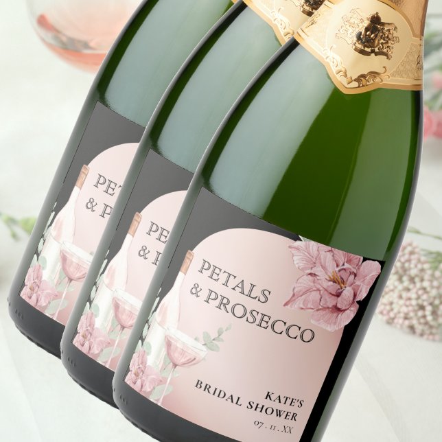 Möhippan Petals & Prosecco Black & Ro Guld (Petals & Prosecco Black & Rose Gold Bridal Shower Sparkling Wine Label
)