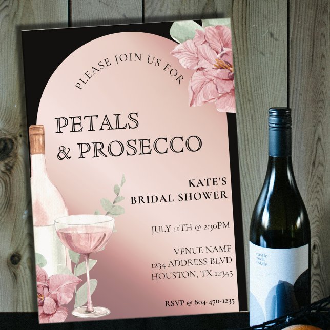 Möhippan Petals & Prosecco Black & Ro Guld Inbjudningar (Petals & Prosecco Black & Rose Gold Bridal Shower Invitation
)