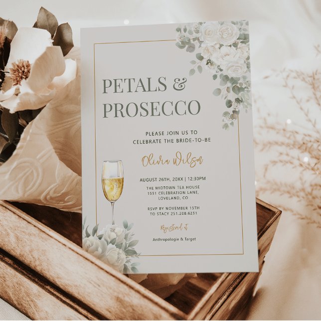 Möhippan Petals & Prosecco Ivory Petals Inbjudningar (Elegant Petals & Prosecco Ivory Petals | White Flowers  - white peonies & ranunculus Bridal Shower)