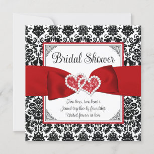 Möhippan Red, Black, White Damask Kärlek Hearts Inbjudningar