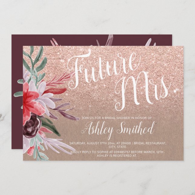 Möhippan Red burgundy blommigt glitter Inbjudningar (Fram/baksida)