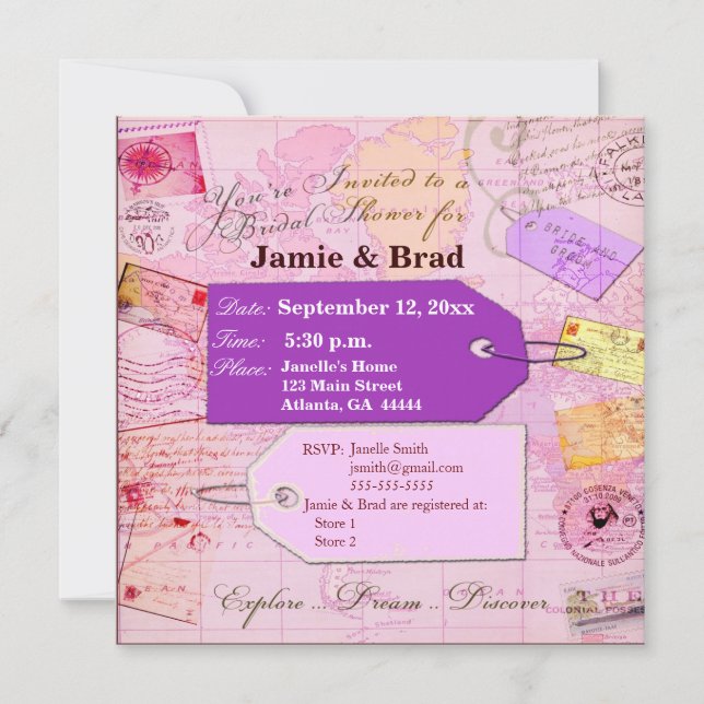 Möhippan reser duschtema i rosor och lilor inbjudningar (Framsida)