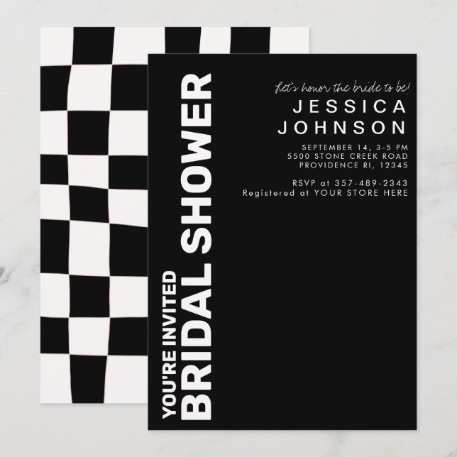 Möhippan Retro Black White Checkerboard Inbjudningar (Fram/baksida)