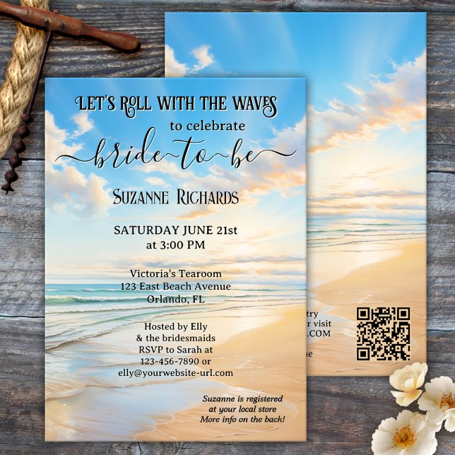 Möhippan Retro Watercolor Beach Inbjudningar (Retro beach bridal shower invitation featuring a watercolor painting of a beach on a beautiful day)