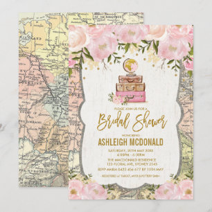 Möhippan rosa Guld Vintage resor Karta Blommigt Inbjudningar
