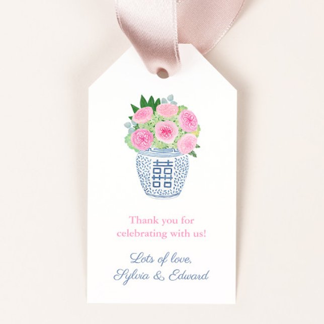 Möhippan Rosa och blå Garden Ro Presentetikett (Chinoiserie chic pink garden roses in ginger jar vase bridal shower favor tags)