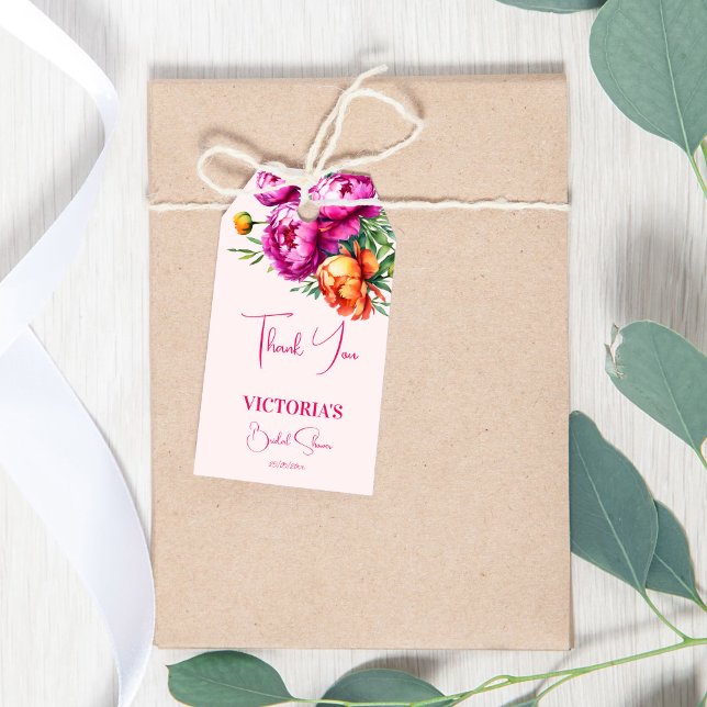 möhippan rosa Peach peonies  tackar er för Presentetikett (Pink peach peonies bridal shower thank you favor gift tags floral spring summer girly favor tags)