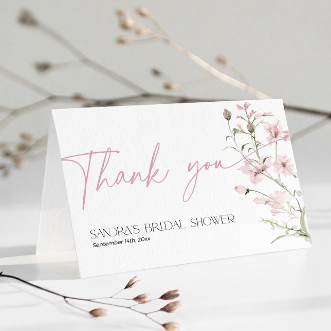 Möhippan  Rosa Wildblomma har mappats Tack Kort (Blush Pink Wildflowers Thank You Card folded for Bridal Shower)