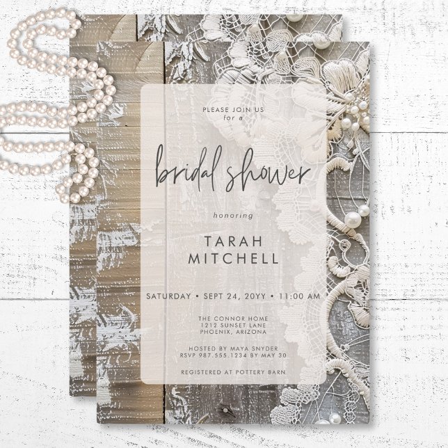 Möhippan Rustic Barnwood & Möhippa Snöre Inbjudningar (Rustic Barnwood & Bridal Lace Bridal Shower Invitation)
