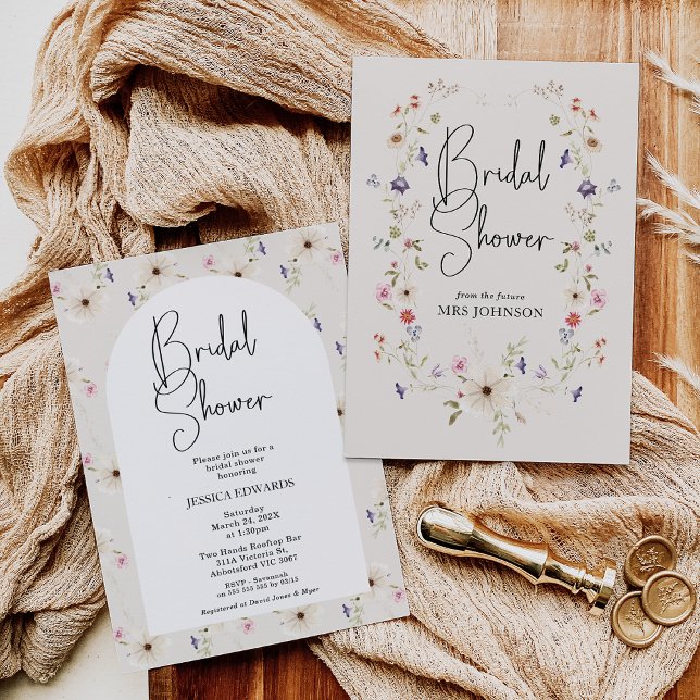 Möhippan Rustic Beige Watercolor Wildblomma Inbjudningar (Beige Wildflower Bridal Shower Invitation, Rustic Modern Wildflowers Wreath, Arch, Wildflowers )