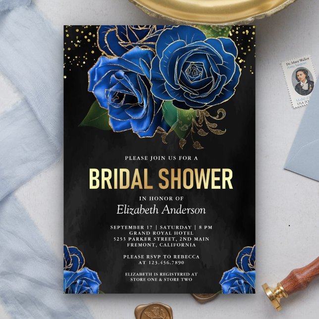 Möhippan Rustic Black Guld Royal Blue Blommigt Inbjudningar (Skapare uppladdad)