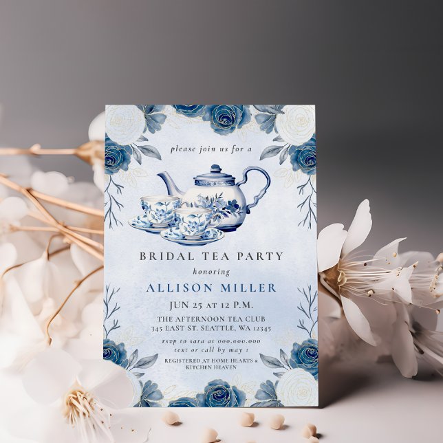 Möhippan Rustic Blue Chinoiserie Tea Party Inbjudningar (Rustic Blue Chinoiserie Tea Party Bridal Shower Invitation)
