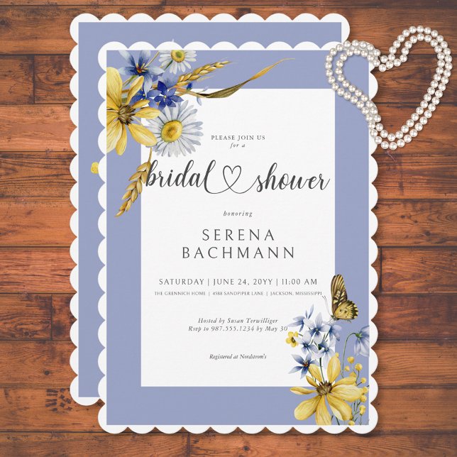 Möhippan Rustic Blue & Gult Wildblommor Inbjudningar (Rustic Blue & Yellow Wildflowers Bridal Shower Invitation)