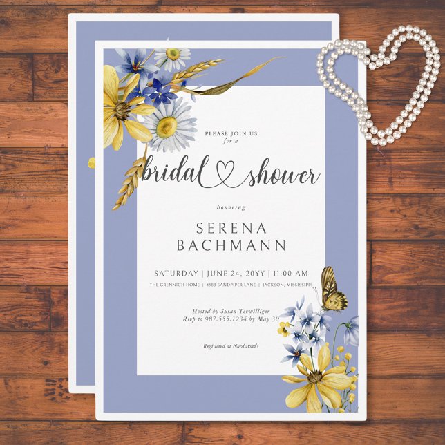 Möhippan Rustic Blue & Gult Wildblommor Inbjudningar (Rustic Blue & Yellow Wildflowers Bridal Shower Invitation)
