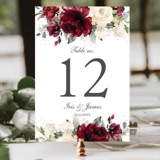 Möhippan Rustic Burgundy Ivory Blommigt Bröllop Bordsnummer (elegant rustic burgundy ivory white floral wedding bridal shower table number cards signs)