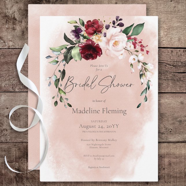 Möhippan Rustic Burgundy &  Rosa ros Inbjudningar (Rustic Burgundy & Blush Pink Roses Bridal Shower Invitation)