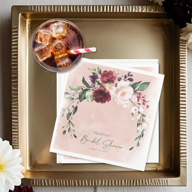 Möhippan Rustic Burgundy &  Rosa ros Pappersservett (Rustic Burgundy & Blush Pink Roses Bridal Shower Napkins)