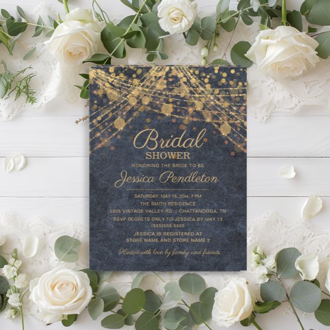 Möhippan Rustic Denim Blue Guld String Ljus Inbjudningar (Rustic glam navy blue and gold string lights wedding Bridal Shower invitation)