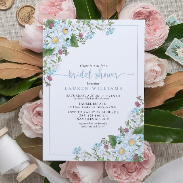 Möhippan Rustic Dusty Blue Script Wildblomma Inbjudningar (Rustic Dusty Blue Script Wildflower Bridal Shower Invitation!)