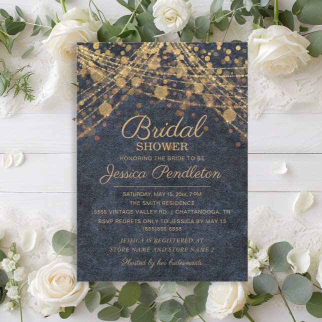 Möhippan Rustic Glam Blue Guld String Ljus Inbjudningar (Rustic glam navy blue and gold string lights bridal shower invitation)