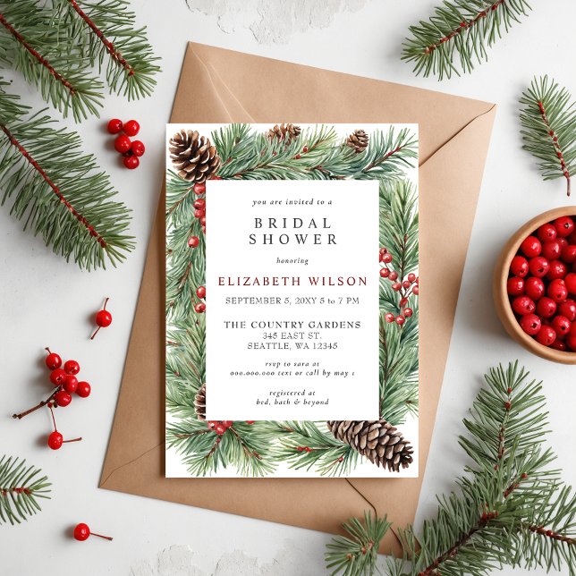Möhippan Rustic Gräs Cone Holly Holly jul Inbjudningar (Rustic Pine Cone Holly Christmas Bridal Shower Invitation)