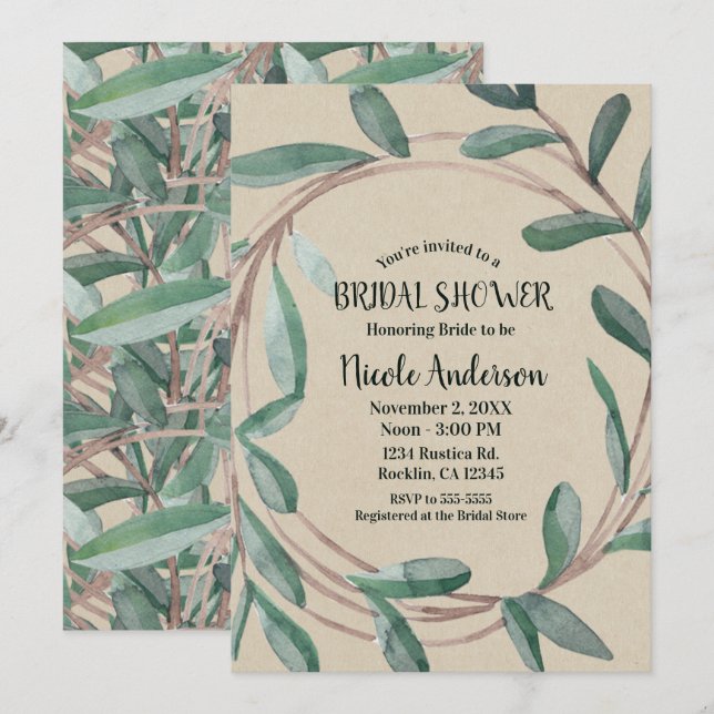 Möhippan Rustic Kraft Botanical Wandecal Löv Inbjudningar (Fram/baksida)