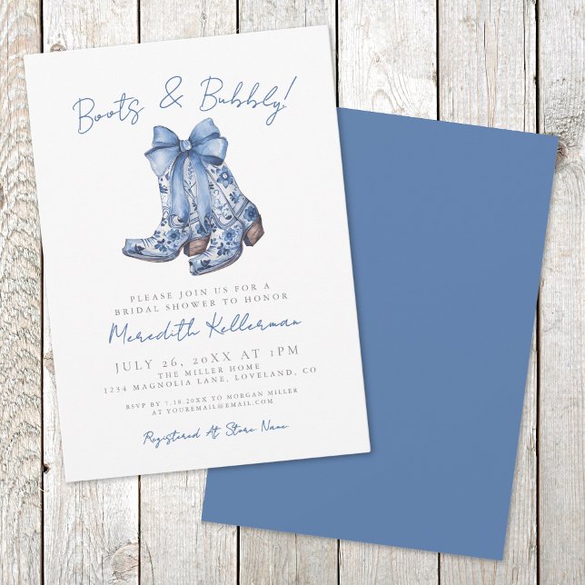 Möhippan Rustic Land Blue Bow Inbjudningar (Rustic Country Blue Bow Bridal Shower Invitation)