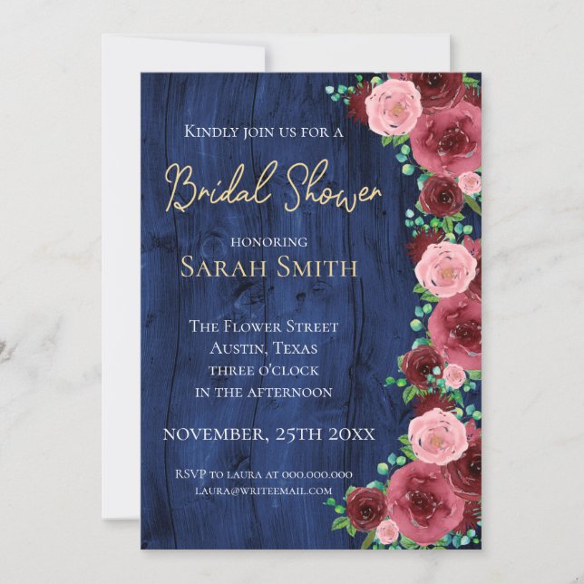 Möhippan Rustic Navy och Burgundy Watercolor Inbjudningar (Framsida)