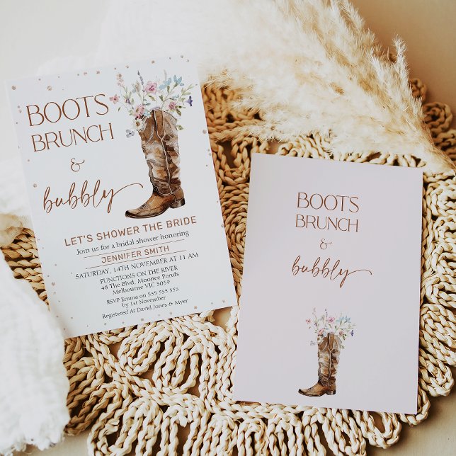 Möhippan Rustic WildblommBrown Boots Inbjudningar (Boots Brunch Bubbly Bridal Shower Invitation, Rustic, Wildflowers Boot Bridal Shower Invite, Country)