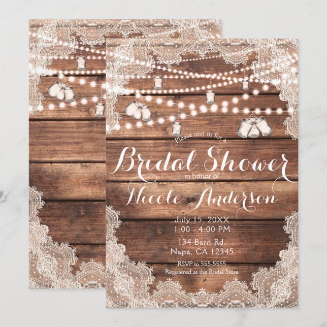 Möhippan Rustic Wood Romantic Snöre Mason Burk Inbjudningar (Fram/baksida)