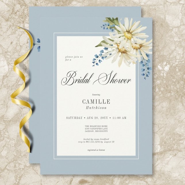 Möhippan Rustik blå och vit Daisy Inbjudningar (Rustic Blue & White Daisies Bridal Shower Invitation)