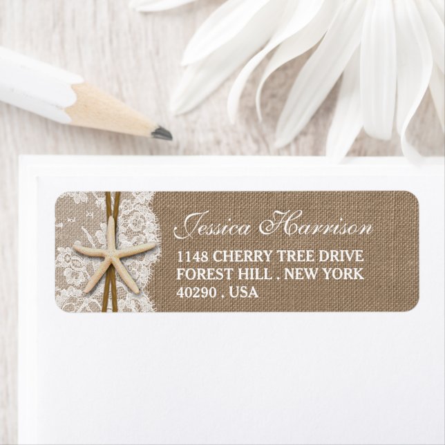 Möhippan Rustik Burlap, Snöre & Starfish Beach Returadress Etikett (Insitu)