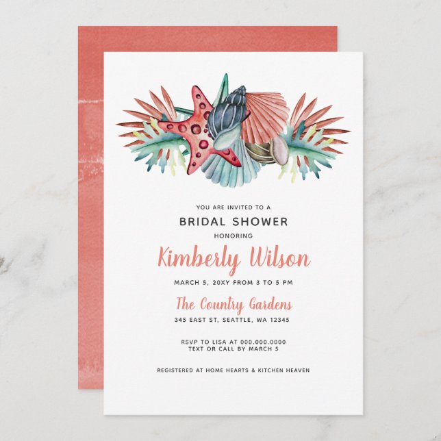 Möhippan Rustik vattenfärg Coral Blue Beach Inbjudningar (Fram/baksida)