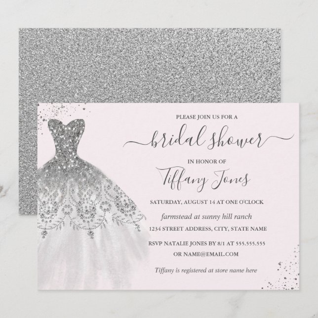 Möhippan Silver Glitter Bröllop Dress Rosa  Inbjudningar (Fram/baksida)