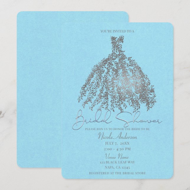 Möhippan Silver & Light Blue Botanical Dress Inbjudningar (Fram/baksida)