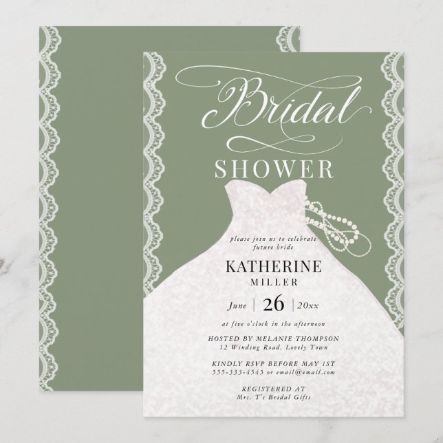 Möhippan snöre Pearls Möhippa Dress Sage Grönt  Inbjudningar (Fram/baksida)